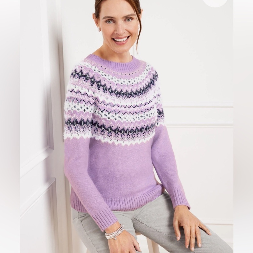 Talbots Embroidered Crewneck Sweater NWT Frost Fair Isle Embellished Sparkle